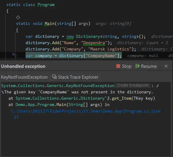 KeyNotFound Exception While Reading Dictionary in C#
