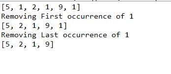 output of remove first occurrence() and removeLastOccurrence() methods in java linked list