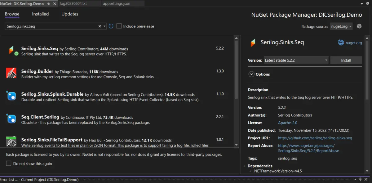 Install Serilog.Sinks.Seq Package