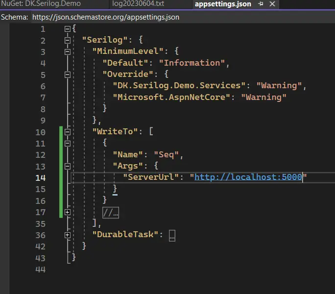 ApplicationSettings.Json for Seq Server Serilog Sinks